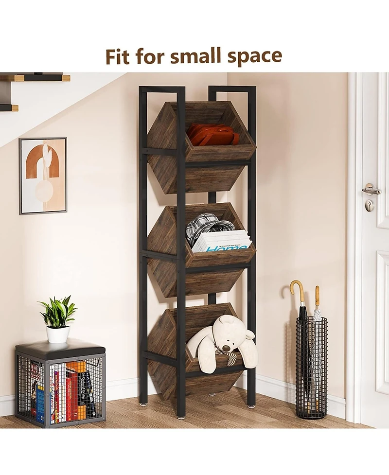 Tribesigns 3-Tier Basket Stand, Wood Snack Rack with Baskets, Rustic Vertical Fruit Stand Standing Storage Tower Organizer for Kitchen Bathroom Living