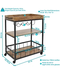 3 Tier Rustic Industrial Style Rolling Indoor Bar Cart with Wine Bottle and Stemware Rack