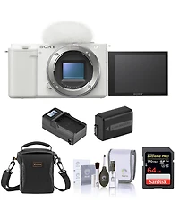 Sony Sony Zv-E10 Aps-c Mirrorless Interchangeable Lens Vlogging Camera, White - Bundle with 64GB Sd Card, Shoulder Bag, Extra Battery, Charger,