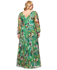 Betsy & Adam Plus Printed Pleated Long-Sleeve Gown