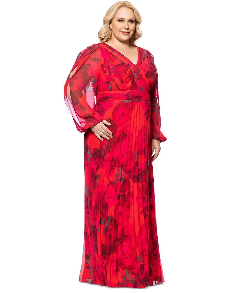 Betsy & Adam Plus Size Printed Pleated Long-Sleeve Gown
