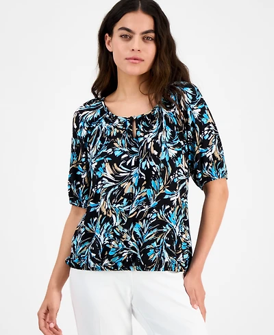 Ak Anne Klein Petite Printed Scoop-Neck Elbow-Sleeve Top