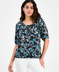 Ak Anne Klein Petite Printed Scoop-Neck Elbow-Sleeve Top