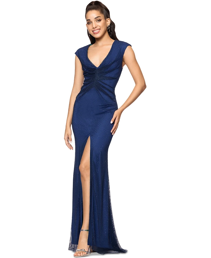 Betsy & Adam Women's V-Neck Rhinestone-Mesh Long Bodycon Dress
