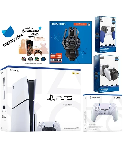 Sony Playstation 5 Slim Disc Bundle with Extra Nova Pink Controller, Plantronics Headset, Trigger Stop Kit, Dual Charge Dock and MightySkins Decal Vou