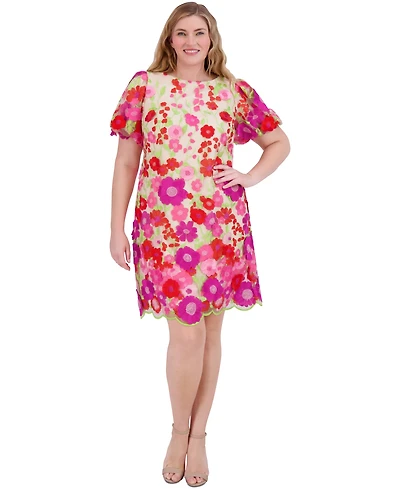 Eliza J Plus Size 3D Embroidered-Florals Puff-Sleeve Dress