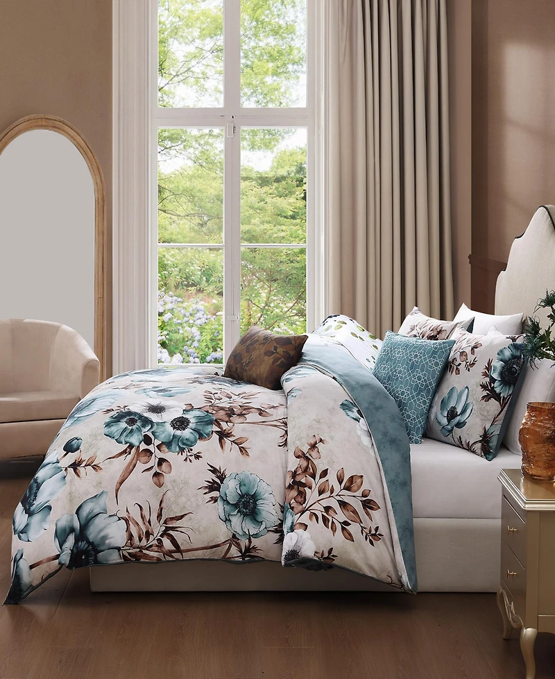 Bebejan Flowers in the Mist Bedding 100% Cotton Sateen 5 Piece Queen Size Reversible Comforter Set