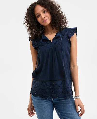 Style & Co Women's Mixed-Media Lace-Trimmed Top, Created for Macy's