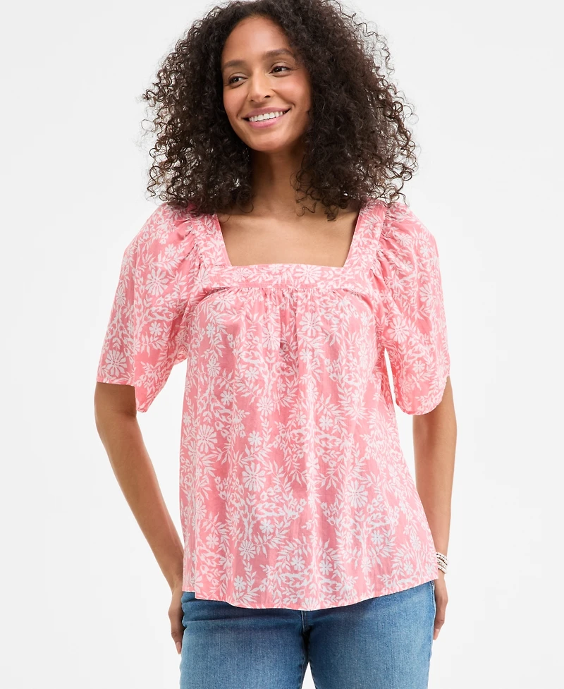 Style & Co Petite Floral Cotton Square-Neck Top, Exclusively at Macy's