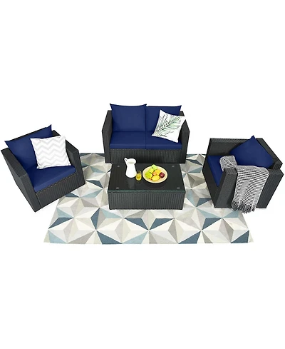 Gymax Set of Rattan Furniture Set Cushioned Sofa Chair Coffee Table Patio