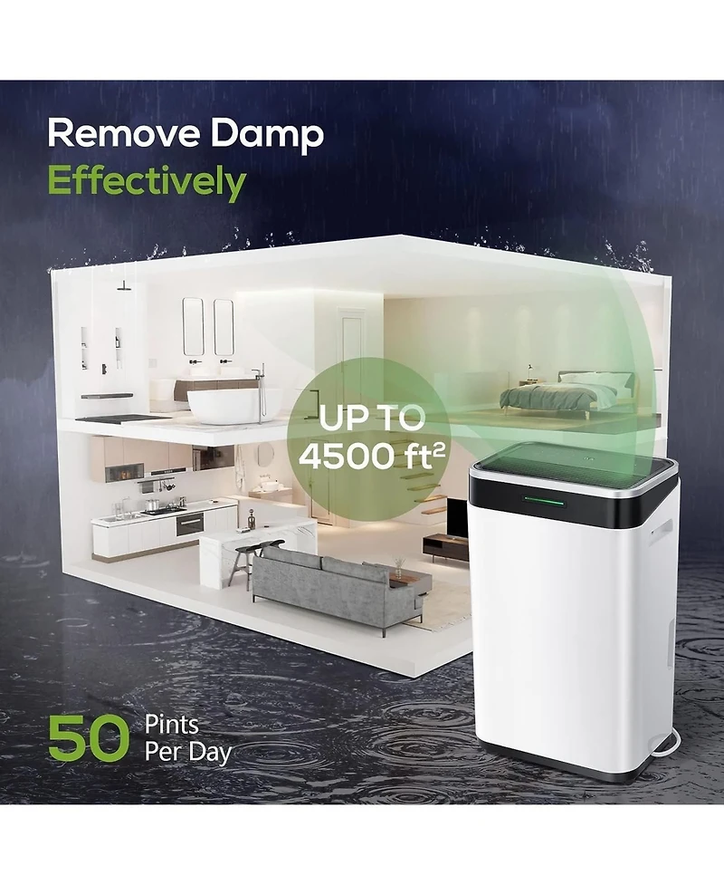 Kismile 45Pints/Day Dehumidifier for Home, Basement & Garage, Low Noise, 6500ML Water Tank, Auto Drain Hose, Intelligent Humidity Control