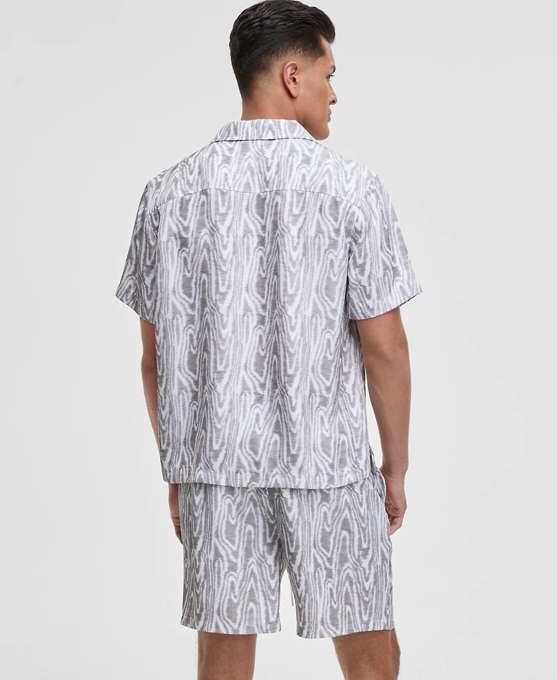 Mode of One Men's Woodgrain Relaxed-Fit Printed Button-Down Shiny Twill Camp Shirt, Exclusively at Macy's