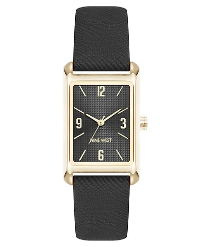Nine West Women's Quartz Rectangular Gold-Tone and Polyurethane Leather Band Watch
