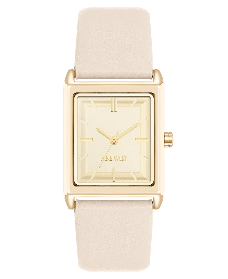 Nine West Women's Quartz Rectangular Gold-Tone and Pink Polyurethane Leather Band Watch, 26mm