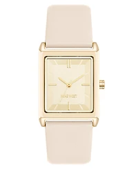 Nine West Women's Quartz Rectangular Gold-Tone and Pink Polyurethane Leather Band Watch, 26mm