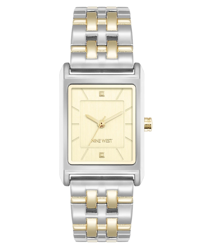 Nine West Women's Quartz Rectangular White and Two-Tone Metal Alloy Watch, 24mm
