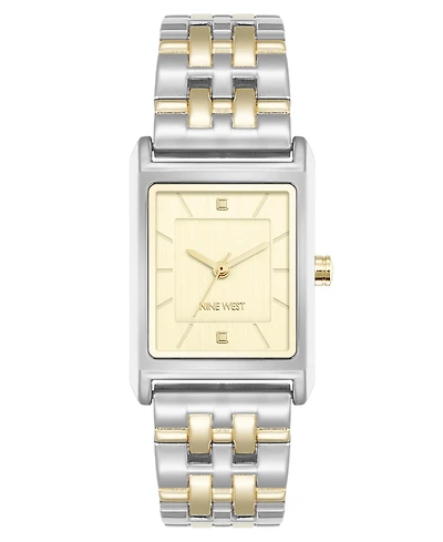 Nine West Women's Quartz Rectangular White and Two-Tone Metal Alloy Watch, 24mm