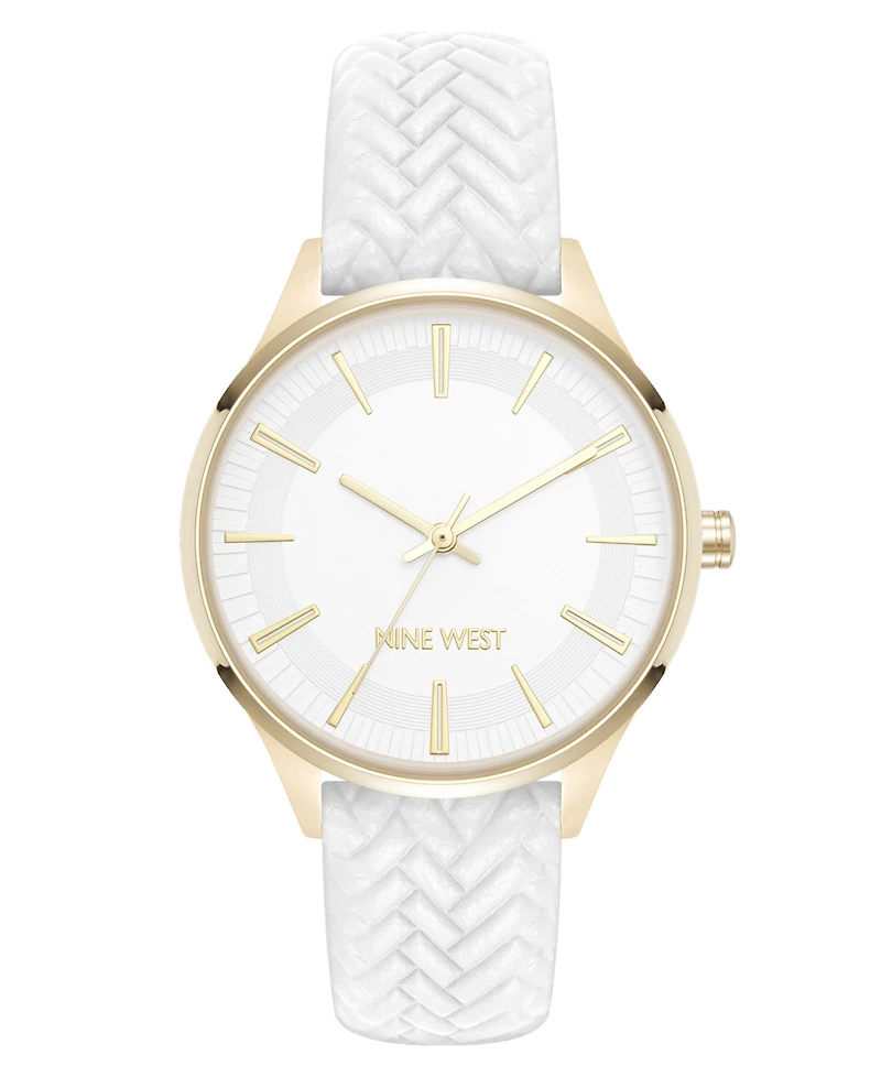 Nine West Women's Quartz Boyfriend Gold-Tone and White Polyurethane Leather Band Watch, 35mm