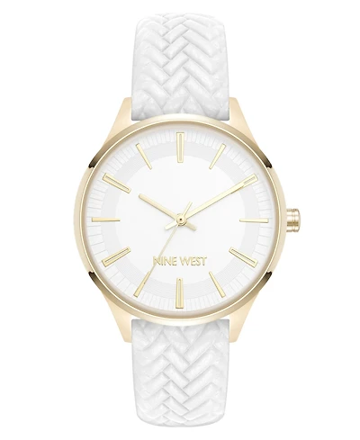 Nine West Women's Quartz Boyfriend Gold-Tone and White Polyurethane Leather Band Watch, 35mm