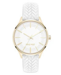 Nine West Women's Quartz Boyfriend Gold-Tone and White Polyurethane Leather Band Watch, 35mm