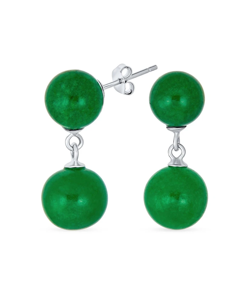 Bling Jewelry Classic Simple Dangle Double Round Natural Teal Blue Green Jade 2 Drop Ball Earrings .925 Sterling Silver 10MM