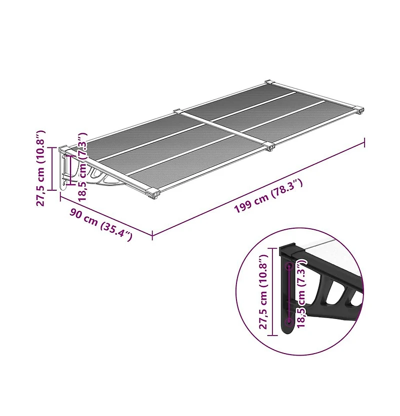 Door Canopy Black and Transparent 78.3"x35.4" Polycarbonate