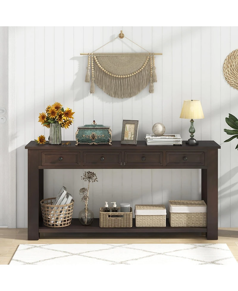 Farmhouse Entryway Table with 4 Storage Drawers and Open Shelf