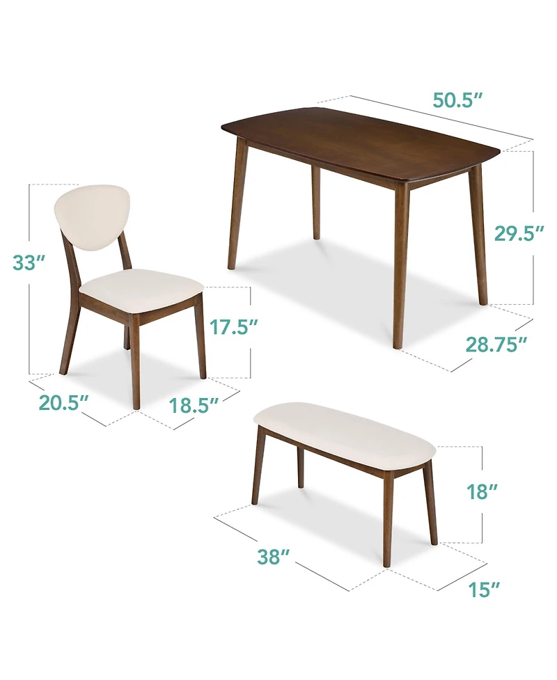 Best Choice Products 4-Piece Mid-Century Modern Upholstered Wooden Dining Set w/ 2 Chairs, Bench - Walnut/Cream