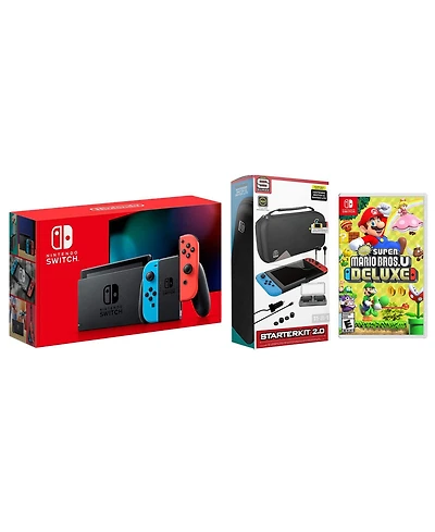 Nintendo Switch 32GB Console Neon Red/Blue Joy-Con Bundle with Surge 11-In-1 Accessory Starter Pack and Super Mario Bros. U Deluxe