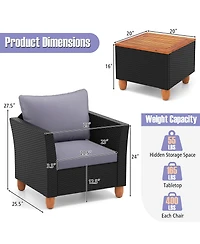 Gymax Set of 3 Rattan Furniture Set Patio Cushioned Sofa Storage Table w/ Wood Top