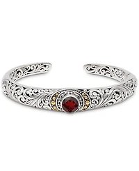 Devata Garnet & Bali Filigree Cuff Bracelet in Sterling Silver and 18K Gold Accents, Small