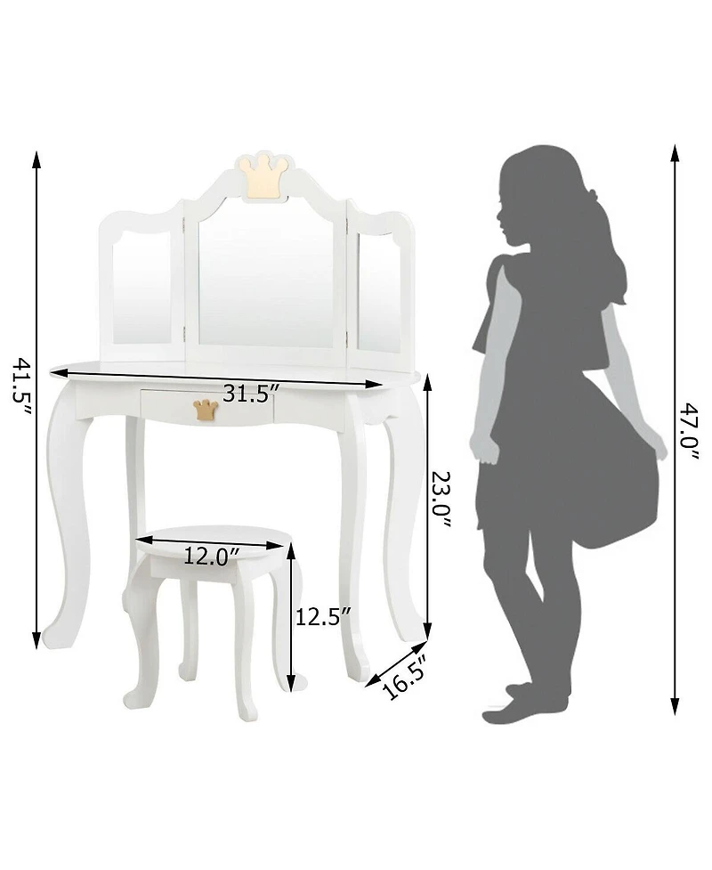 Kids Makeup Dressing Table with Tri-folding Mirror and Stool