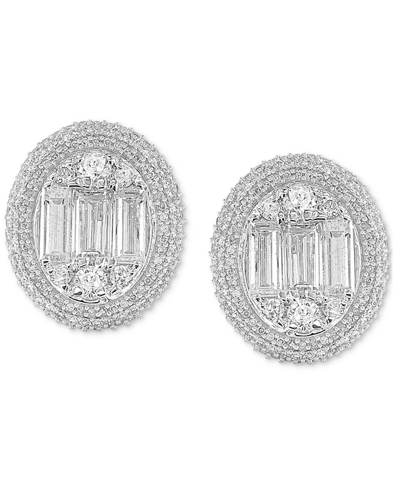 Diamond Round & Baguette Halo Cluster Earrings (1 ct. t.w.) in 14k White Gold