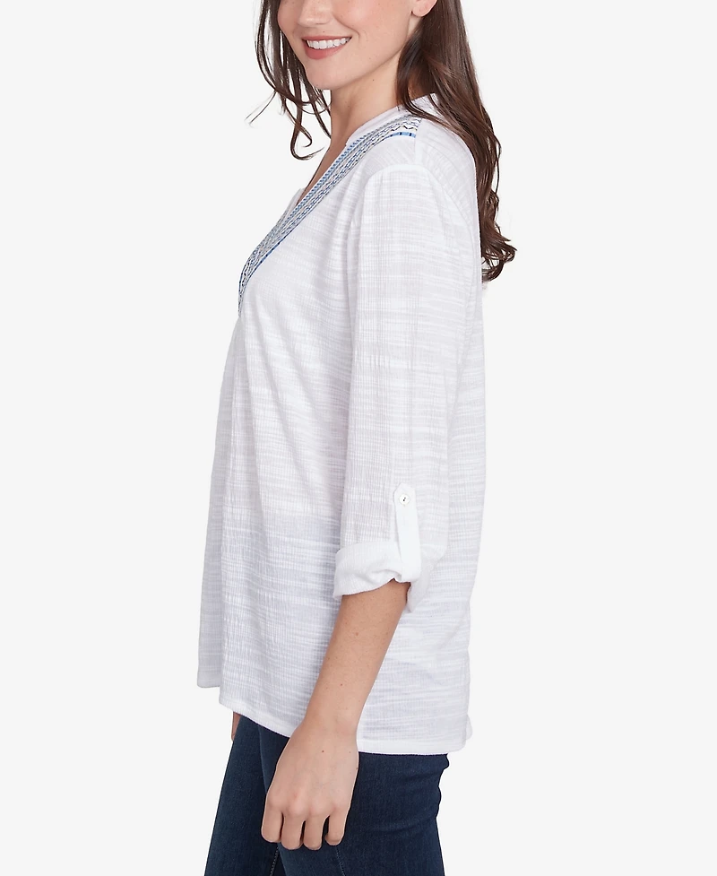 Ruby Rd. Petite Soft Relaxed Textured Trim V-Neck Top