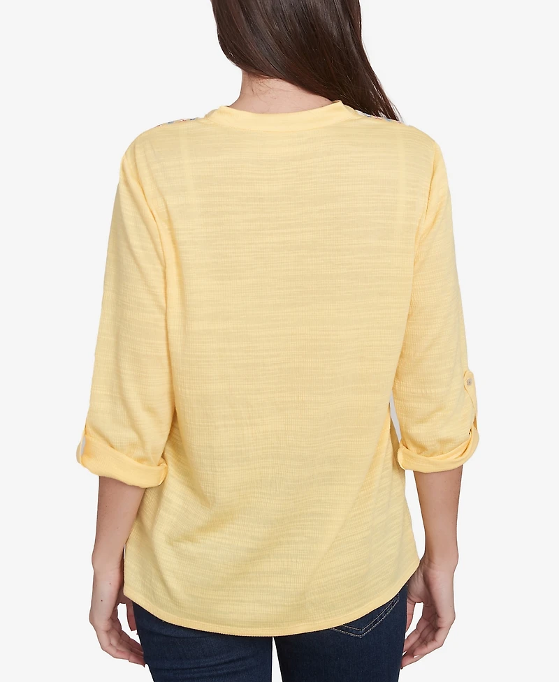 Ruby Rd. Petite Soft Relaxed Textured Trim V-Neck Top