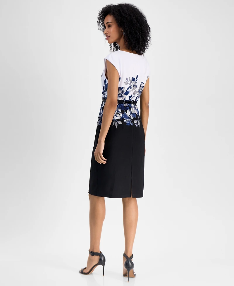 Connected Petite Jewel-Neck Printed Scuba Sheath Dress