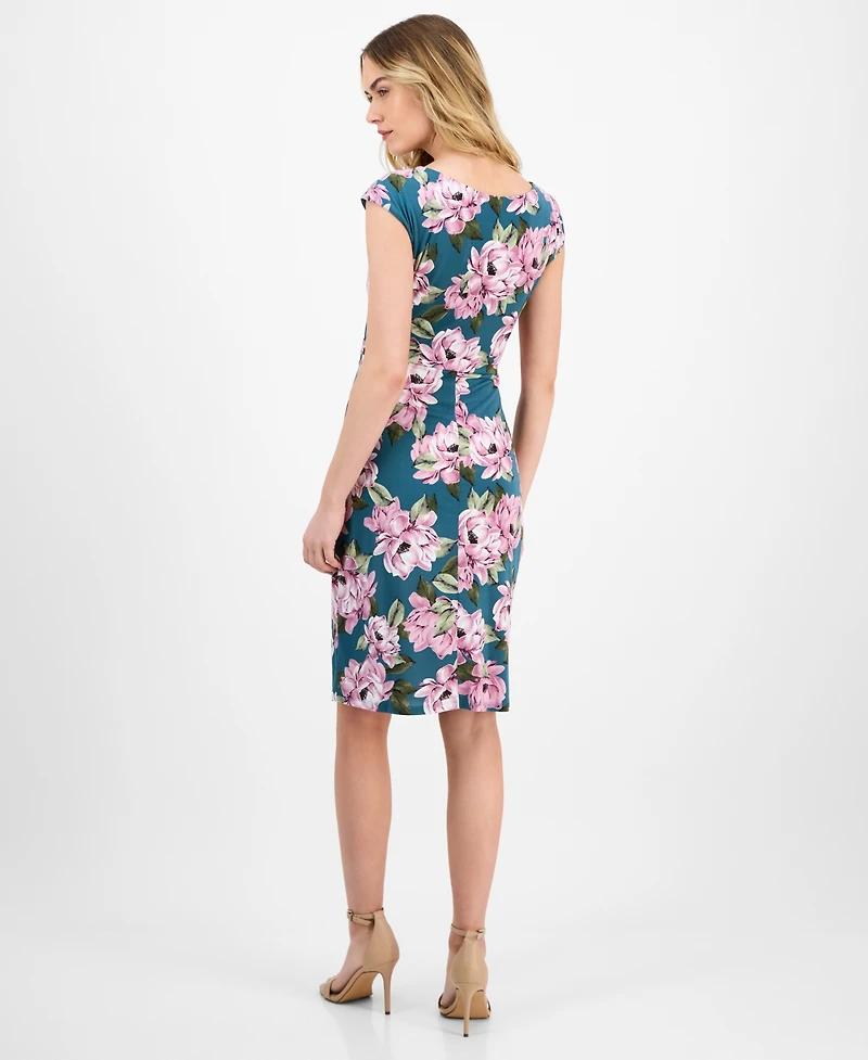 Connected Women's Printed Gathered Cap-Sleeve Sheath Dress