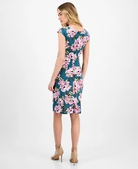 Connected Women's Printed Gathered Cap-Sleeve Sheath Dress