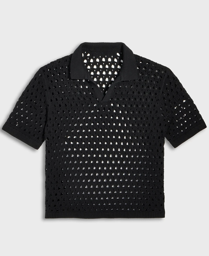 Mode of One Men's Johnny-Collar Open-Stitch Short-Sleeve Sweater, Exclusively at Macy's