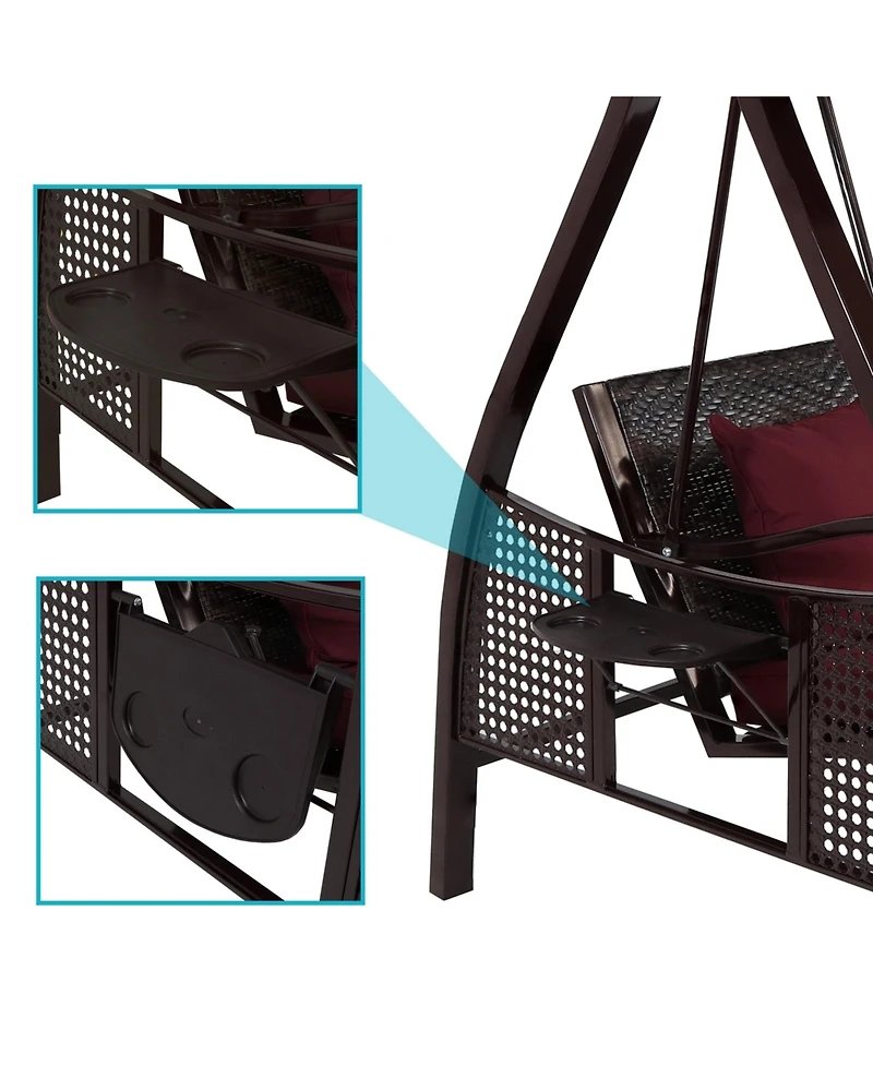 3-Person Outdoor Patio Swing with Adjustable Canopy Shade, Foldable Side Tables, Cushions and Pillow, Merlot