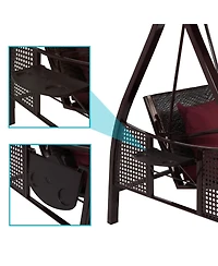3-Person Outdoor Patio Swing with Adjustable Canopy Shade, Foldable Side Tables, Cushions and Pillow, Merlot