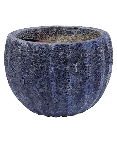 Fluted Lava Finish Ceramic Planter - Dark Blue - 13.5" Round