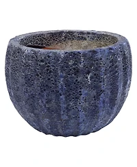Fluted Lava Finish Ceramic Planter - Dark Blue - 13.5" Round