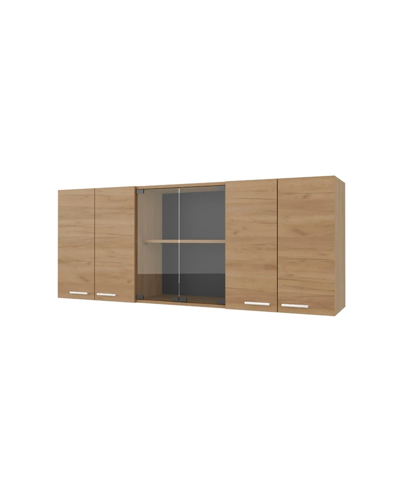 Fm Furniture Lydia Wall Cabinet kitchen in Melamine wit 4 Doors and Glass Storage, Natural Oak
