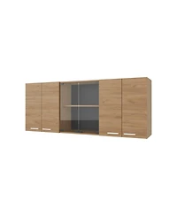 Fm Furniture Lydia Wall Cabinet kitchen in Melamine wit 4 Doors and Glass Storage, Natural Oak