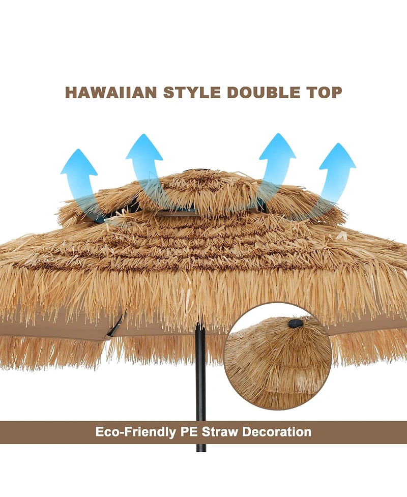 ft. Outdoor Double Layer Hawaiian Style Market Umbrella in Brown with Base and 32-Light Beads