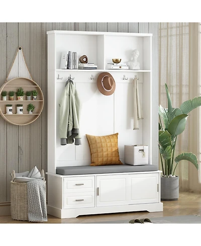 Streamdale Space-Saving Hall Tree Sliding Doors, Silvery Hooks, Mudroom Bench, Shoe Storage, Cushion