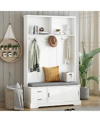 Streamdale Space-Saving Hall Tree Sliding Doors, Silvery Hooks, Mudroom Bench, Shoe Storage, Cushion
