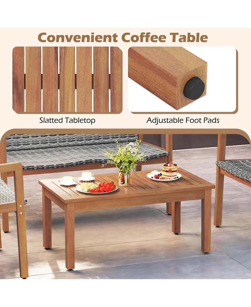 Gymax 4 Pieces Outdoor Furniture Set Acacia Wood Frame Sofa Set w/ Rattan Seat