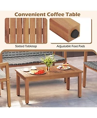 Gymax 4 Pieces Outdoor Furniture Set Acacia Wood Frame Sofa Set w/ Rattan Seat